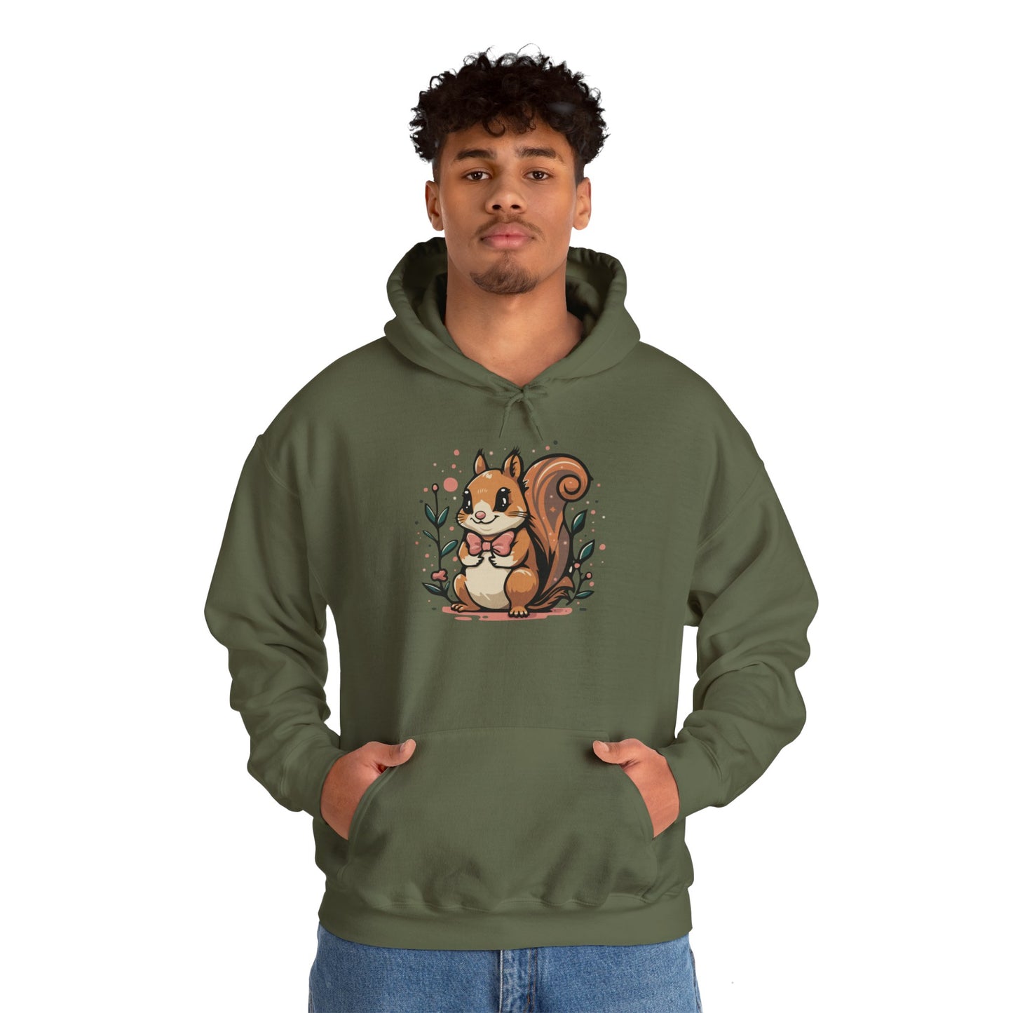 Woodland Squirrel Hoodie - Cute Squirrel with Bowtie and Flowers - Unisex Womens Mens Hooded Sweatshirt