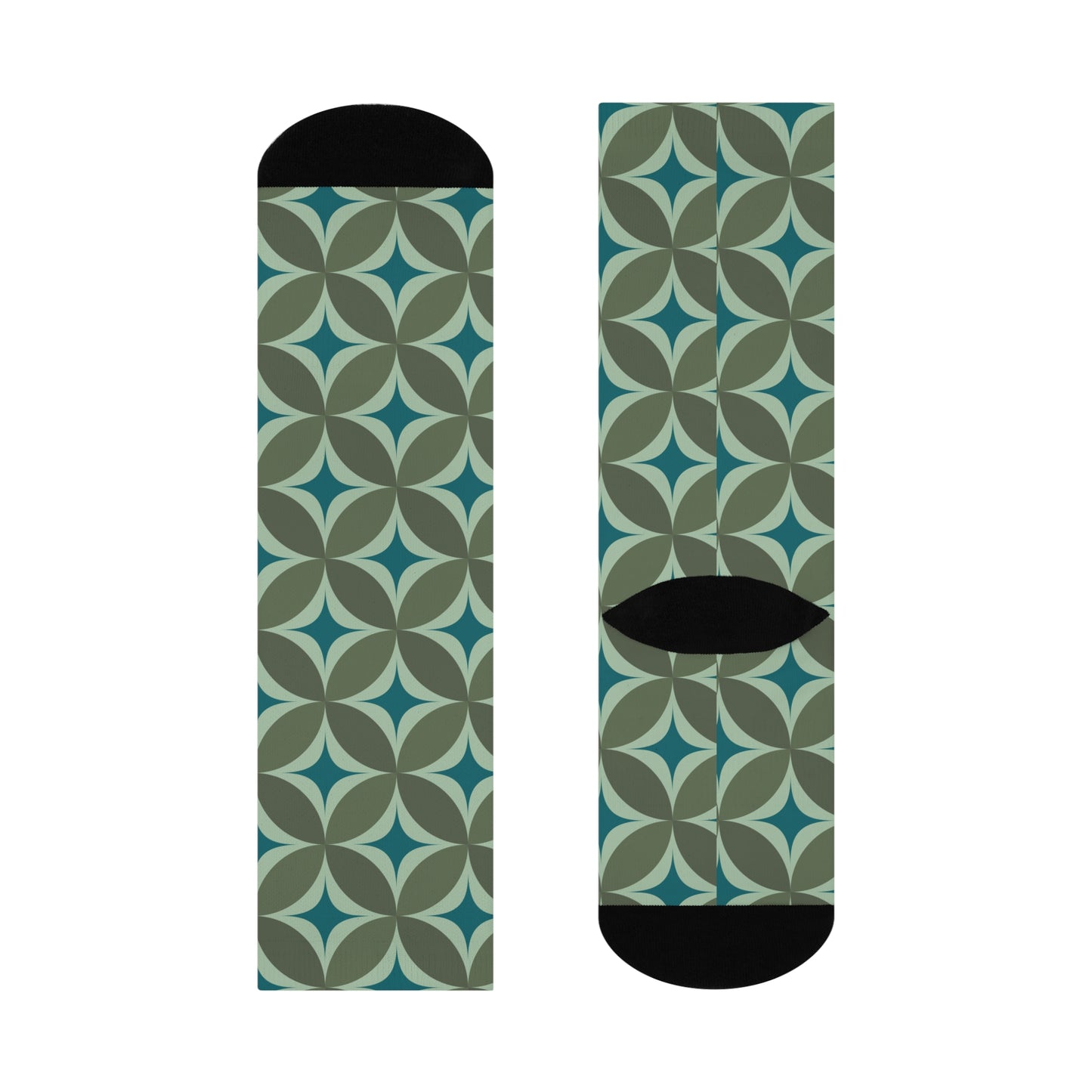 Blue & Green Retro Geometric Pattern Cushioned Crew Socks with 1970's Teal and Sage Green Design