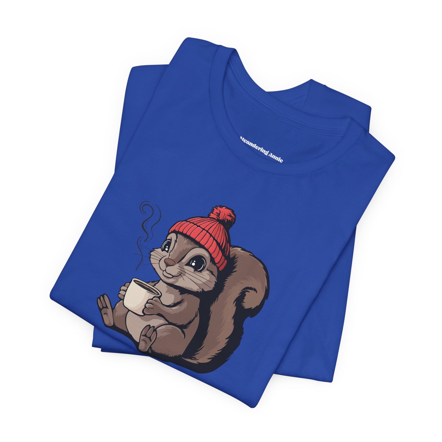 Cozy Squirrel with Coffee T-Shirt | Cute Fall Squirrels Woodland Animal Tee, Short Sleeve Graphic Print Shirts
