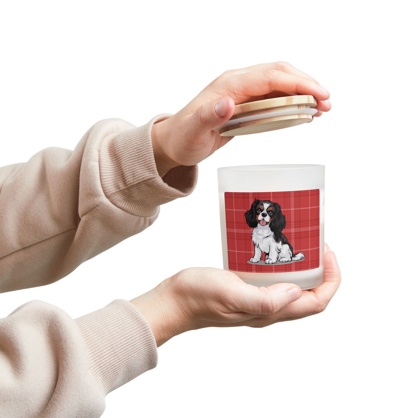 Tricolor Cavalier King Charles Spaniel Dog Frosted Glass Candle, Christmas Holiday Candles Pet Memorial Gifts
