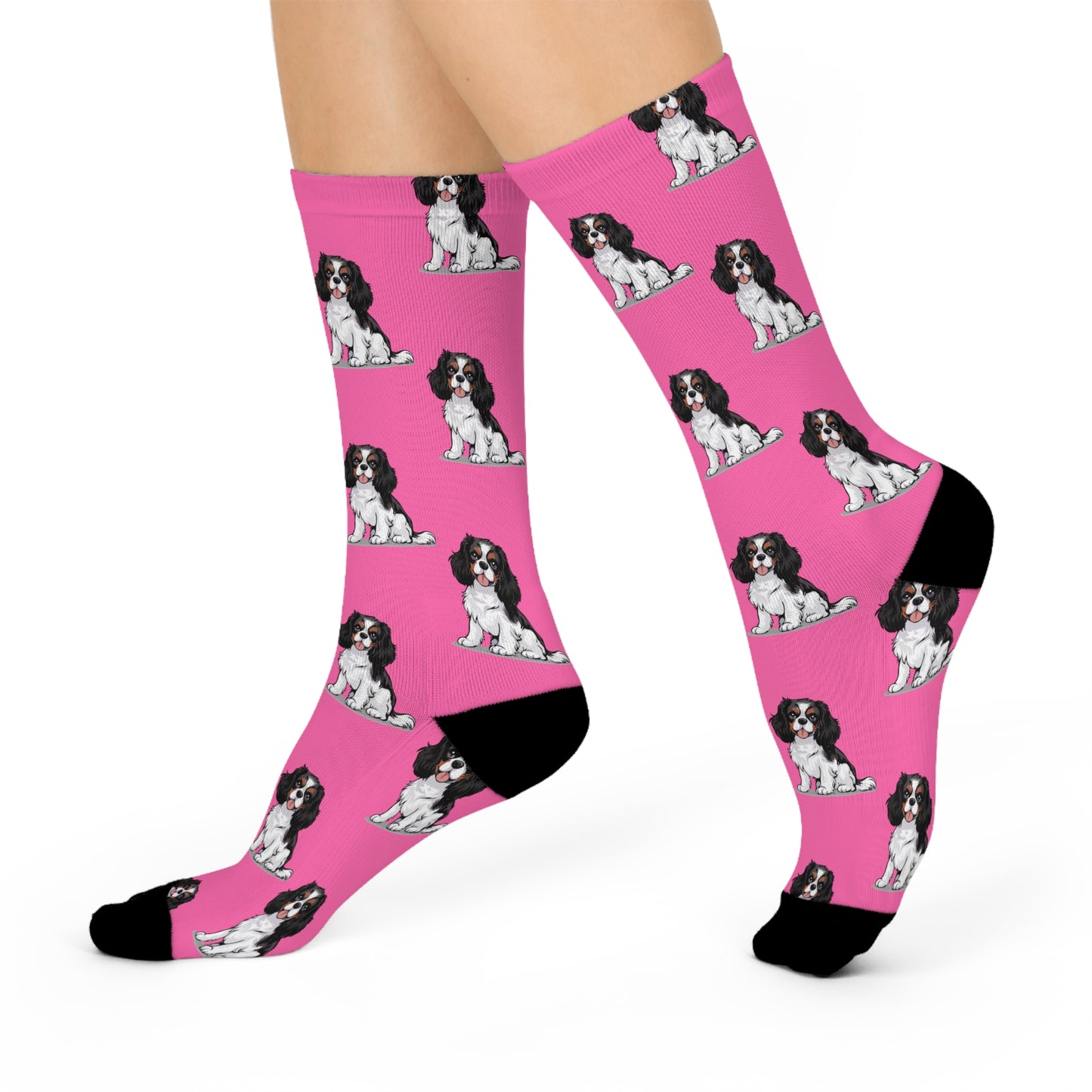 Charlie Tricolor Cavalier King Charles Spaniel Dog Pattern Pink Cushioned Crew Socks with Pet Dogs Cavalier Puppy Print