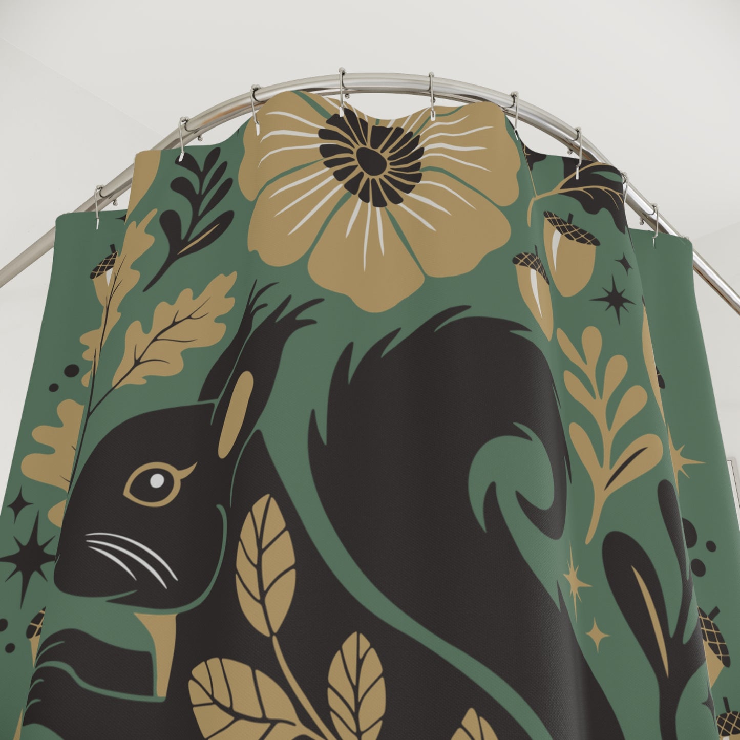 Woodland Squirrel Shower Curtain | Floral Acorn Forest Pattern Squirrels Bathroom Decor, Green Flower Shower Curtains