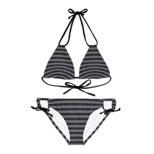 Black and Gray Stripe Strappy Bikini Set - 2 Piece Top and Bottom Swimsuit Women's Swimwear Beach Attire