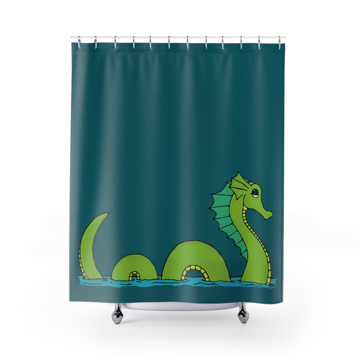 Sea Serpent Teal Bathroom Decor Shower Curtain with Loch Ness Sea Monster Graphic