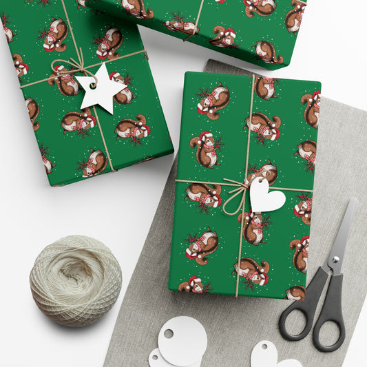 Squirrel Christmas Wrapping Paper, Festive Squirrels Print, Cheery Green Holiday Gift Wrap With Snowy Xmas Squirrel In Santa Hat