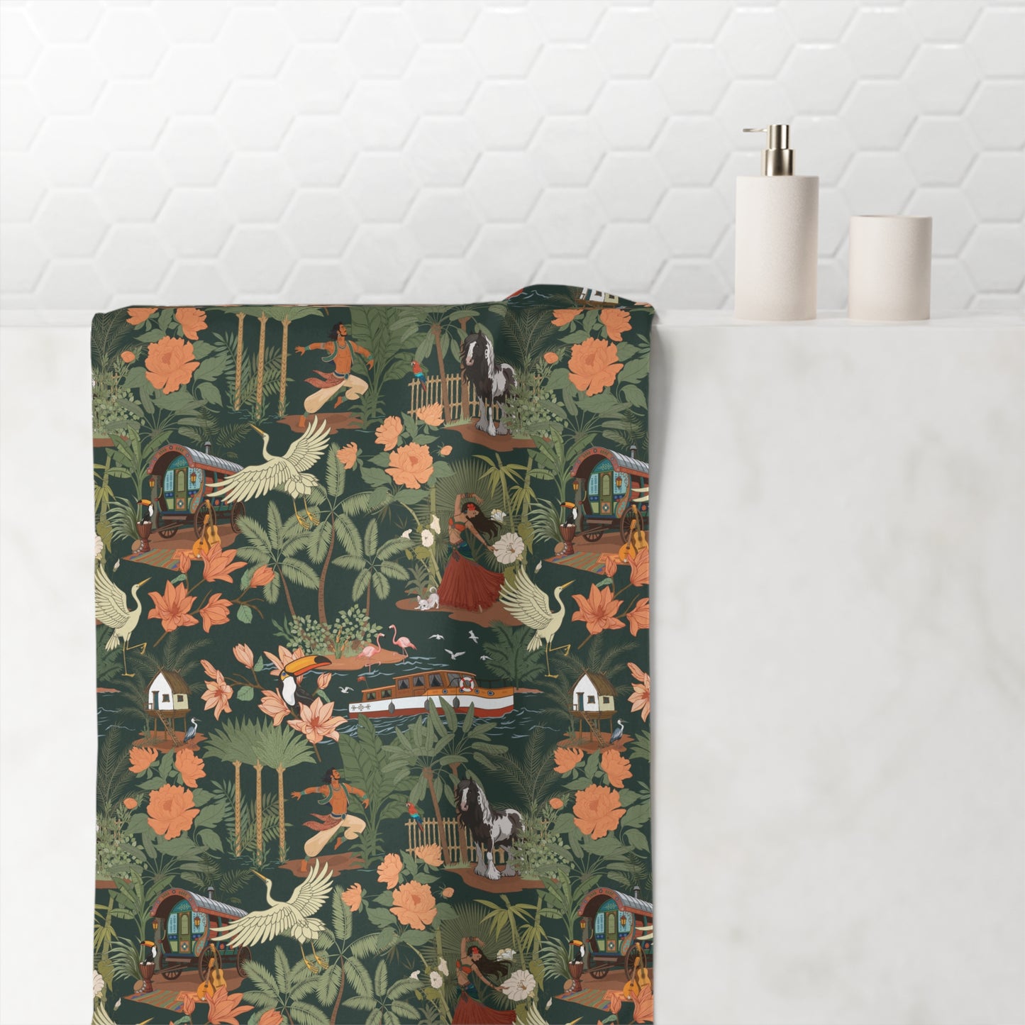Tropical Nomad Jungle Pattern Mink-Cotton Bath Towel | Botanical Birds Beach Towels, Island Florals and Palm Leaves