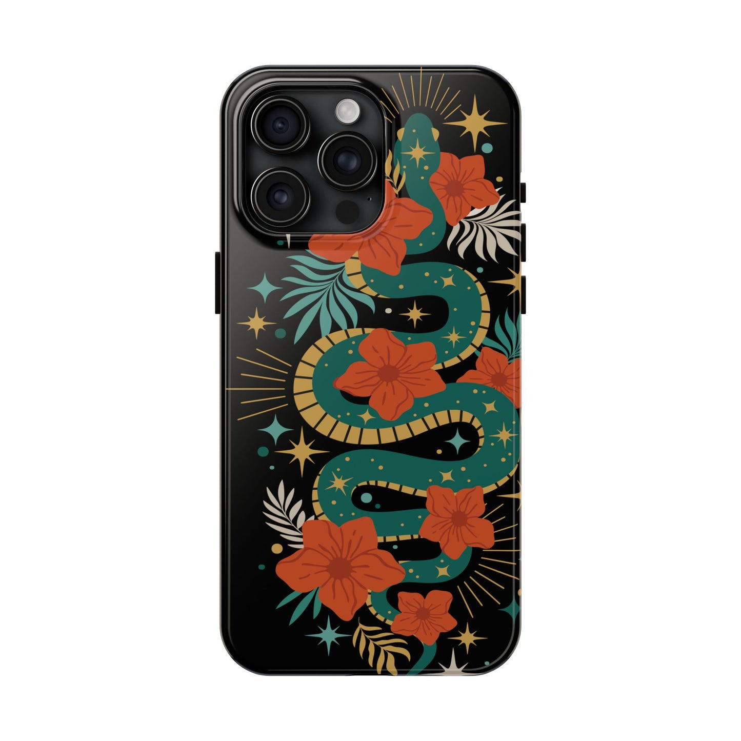 Mystic Snake Cell Phone Case, Black Tough Phone Cases Boho Serpent Snakes Floral Design