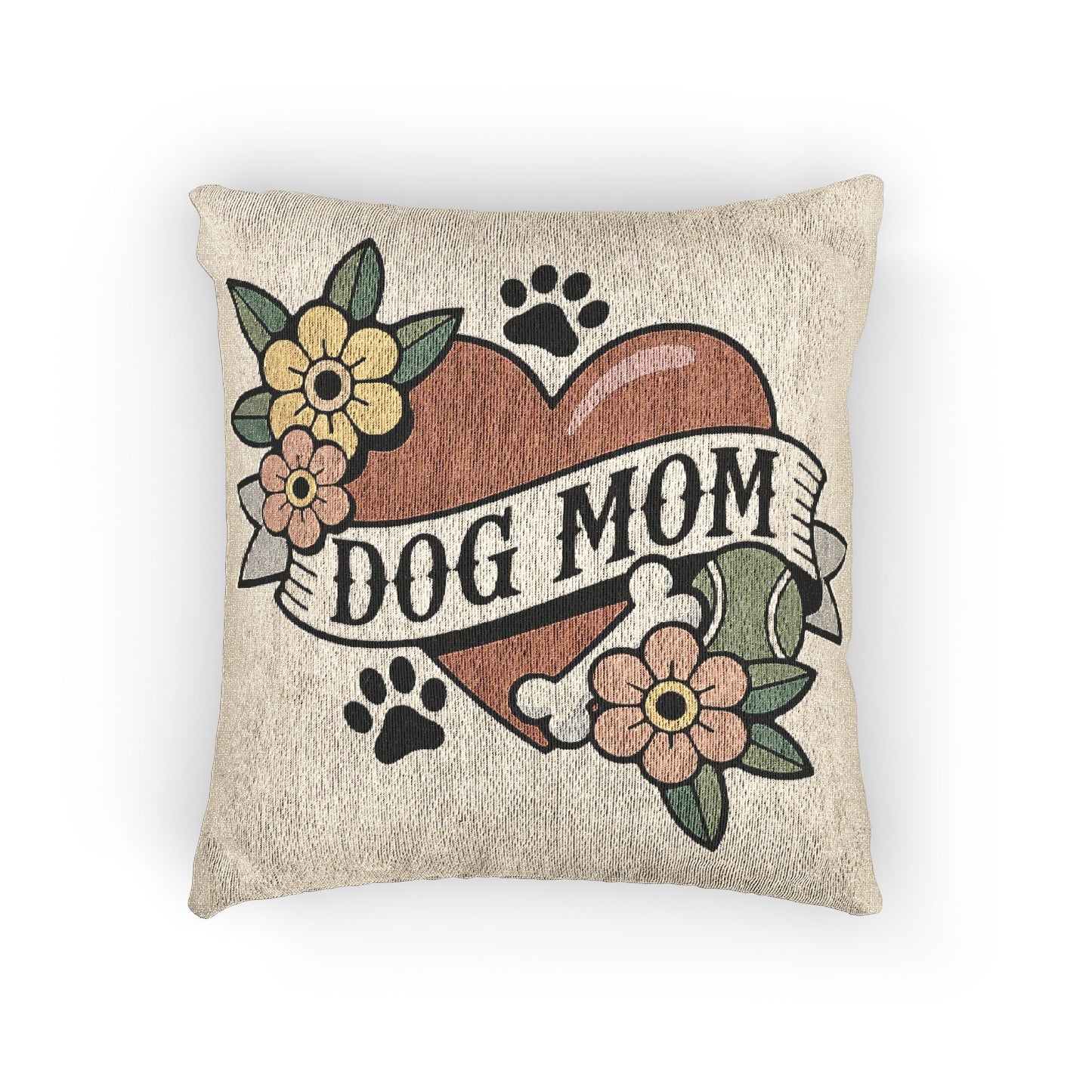 Dog Mom Heart Tattoo Banner Throw Pillow | Woven Floral Paw Print Design Pillows, Dog Lady Home Decor 17"x18"