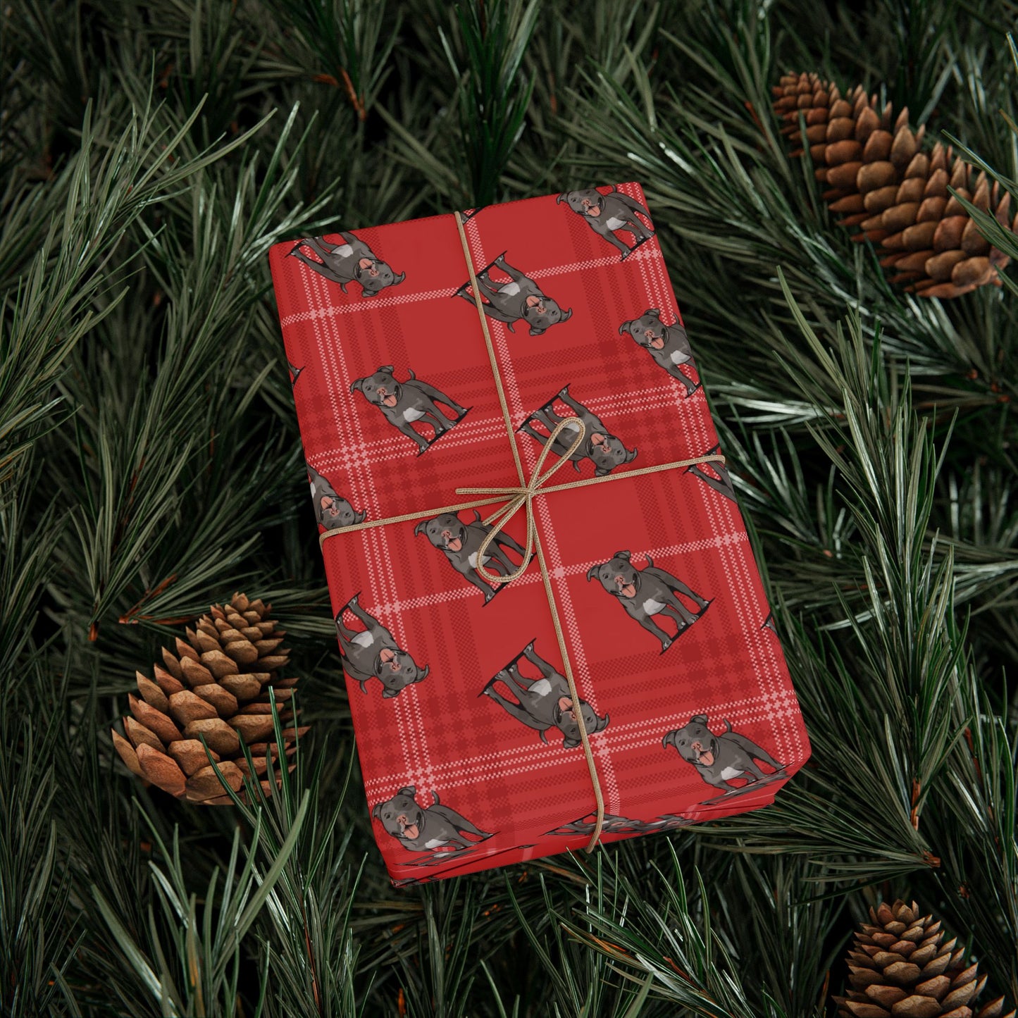 Pit Bull Terrier Dog Wrapping Paper, Red Plaid Dogs Print Gift Wrap Roll, Pitbulls Christmas Holiday Birthday Matte Wrapping Papers