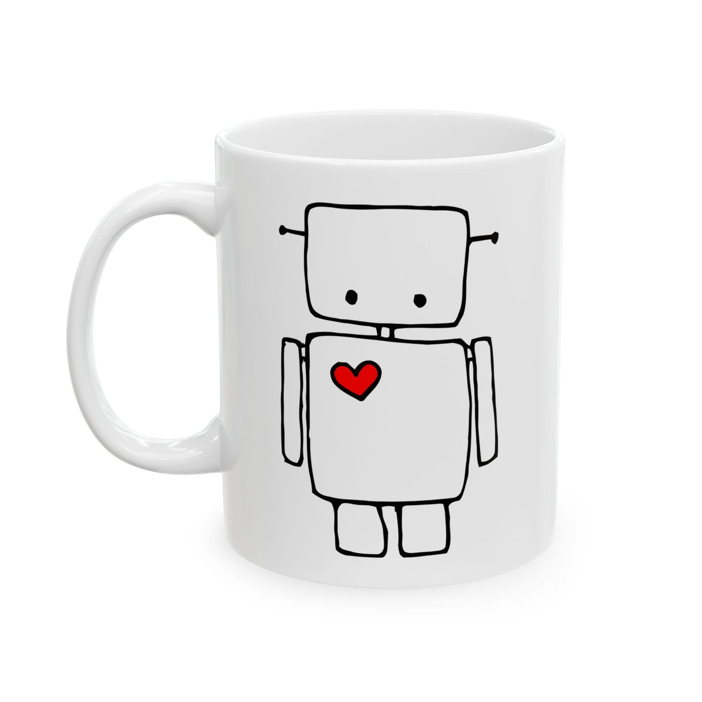 Robot with Red Heart White Ceramic Coffee Tea Mug 11 Oz with Cute Robots Design Drinkware Kitchen Gifts