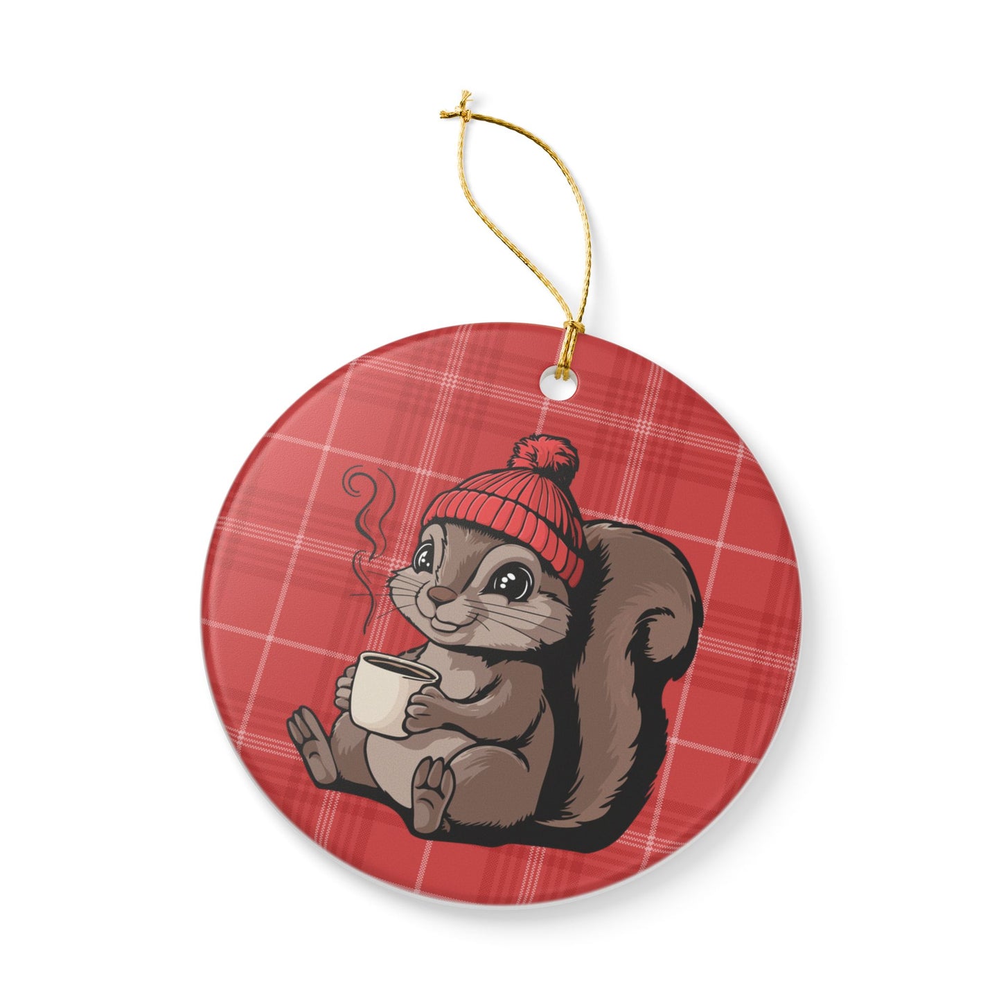 Cozy Squirrel Christmas Tree Ornament, Xmas Squirrels Holiday Decorations, Red Plaid Ceramic Ornaments, Woodland Animals Theme Decor