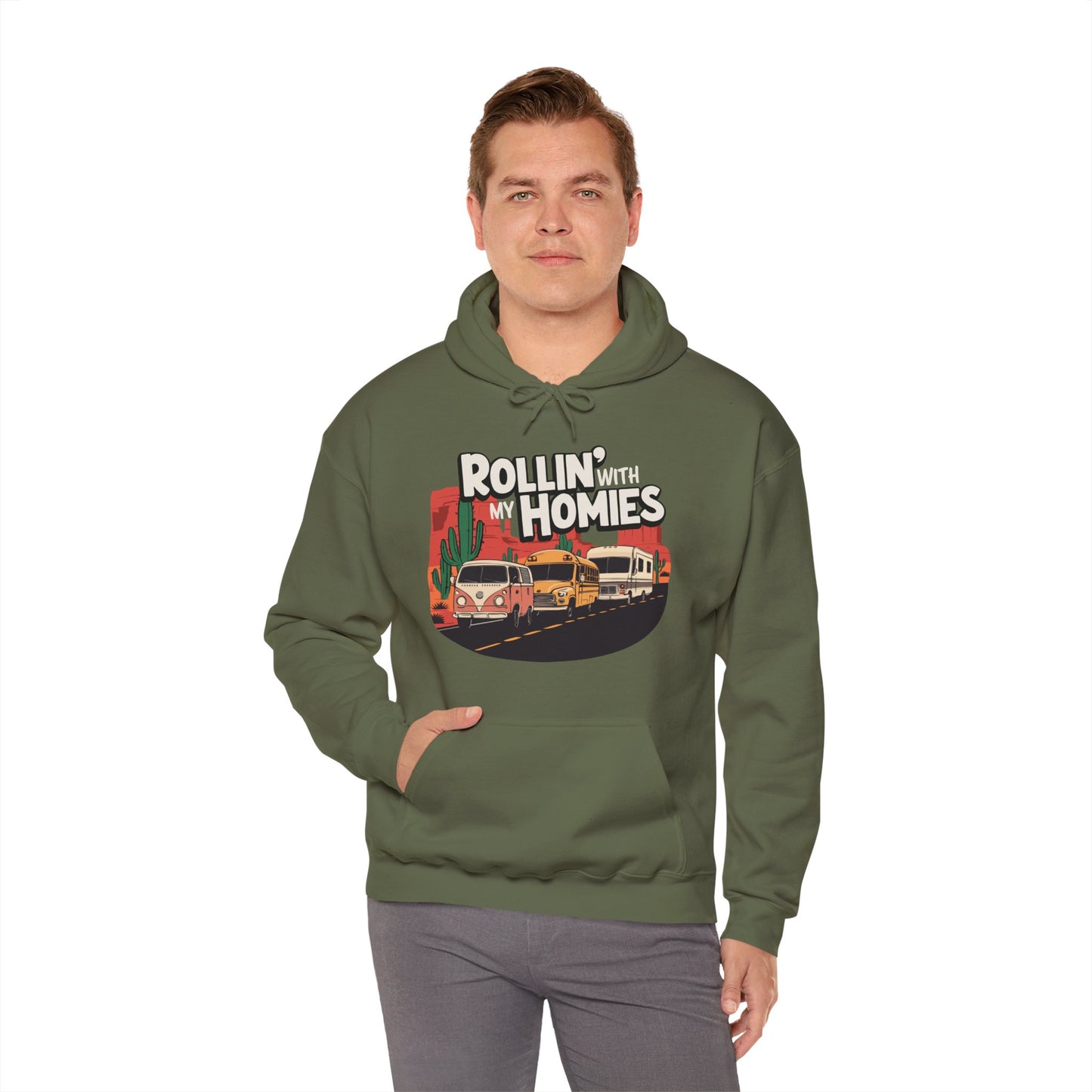 Rollin' With My Homies Hoodie Van Skoolie RV Vanlife Caravan in the Desert Black Long Sleeve Pullover Hoodies Hooded Sweatshirt