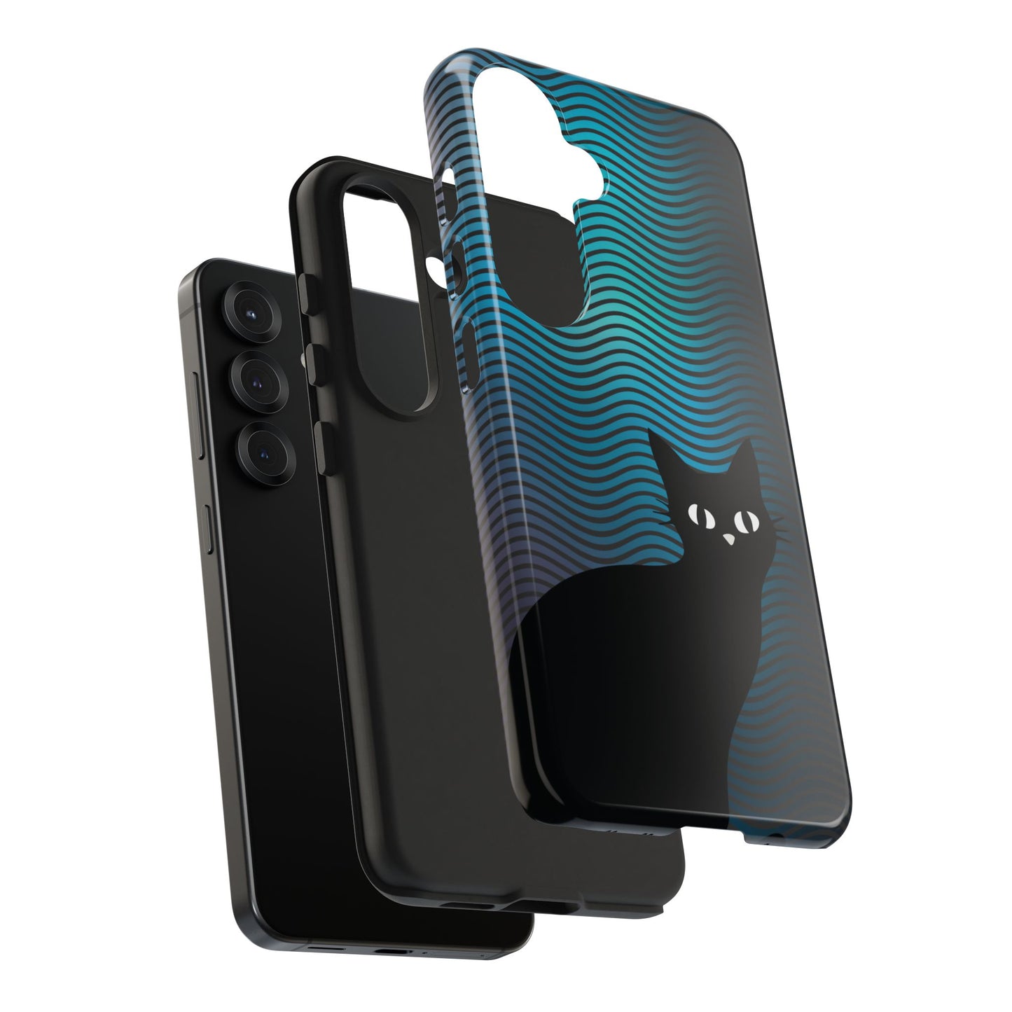 Black Cat Cell Phone Case | Peeking Kitty Graphic on Wavy Teal Background