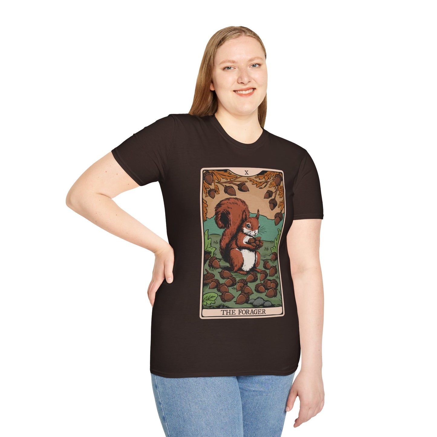 The Forager Squirrel Tarot Card T-shirt Softstyle Tee with Nut Foraging Squirrel Tarot Card Print