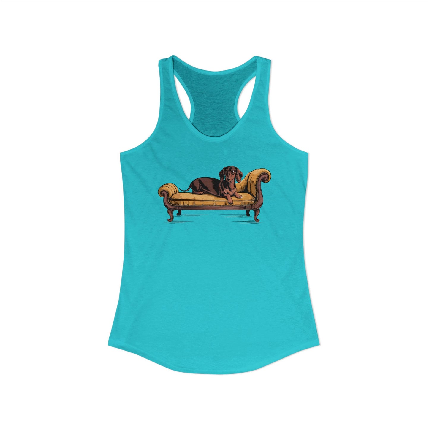 Dachshund Dog on Vintage Chaise Lounge Racerback Tank Top, Women's Wiener Dogs Sleeveless Shirt