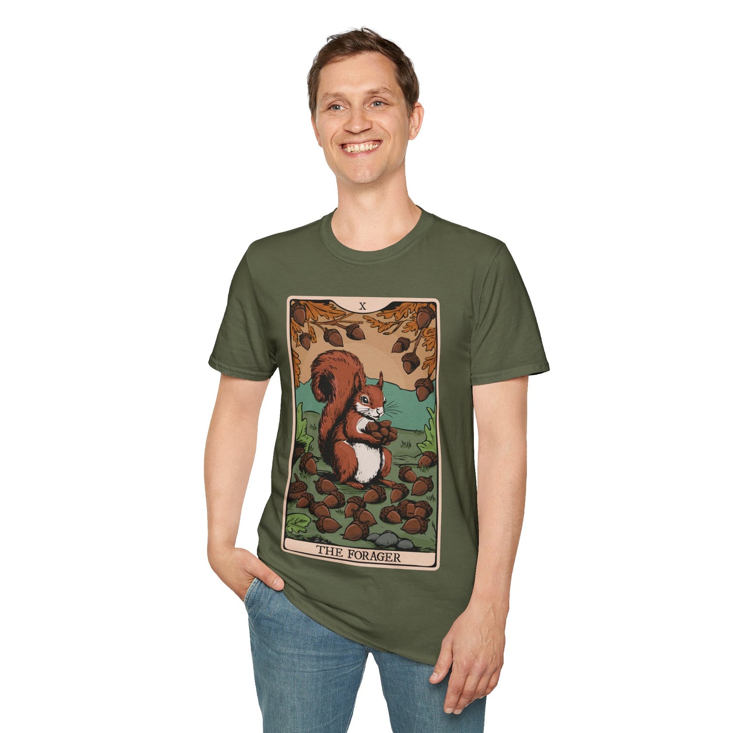 The Forager Squirrel Tarot Card T-shirt Softstyle Tee with Nut Foraging Squirrel Tarot Card Print