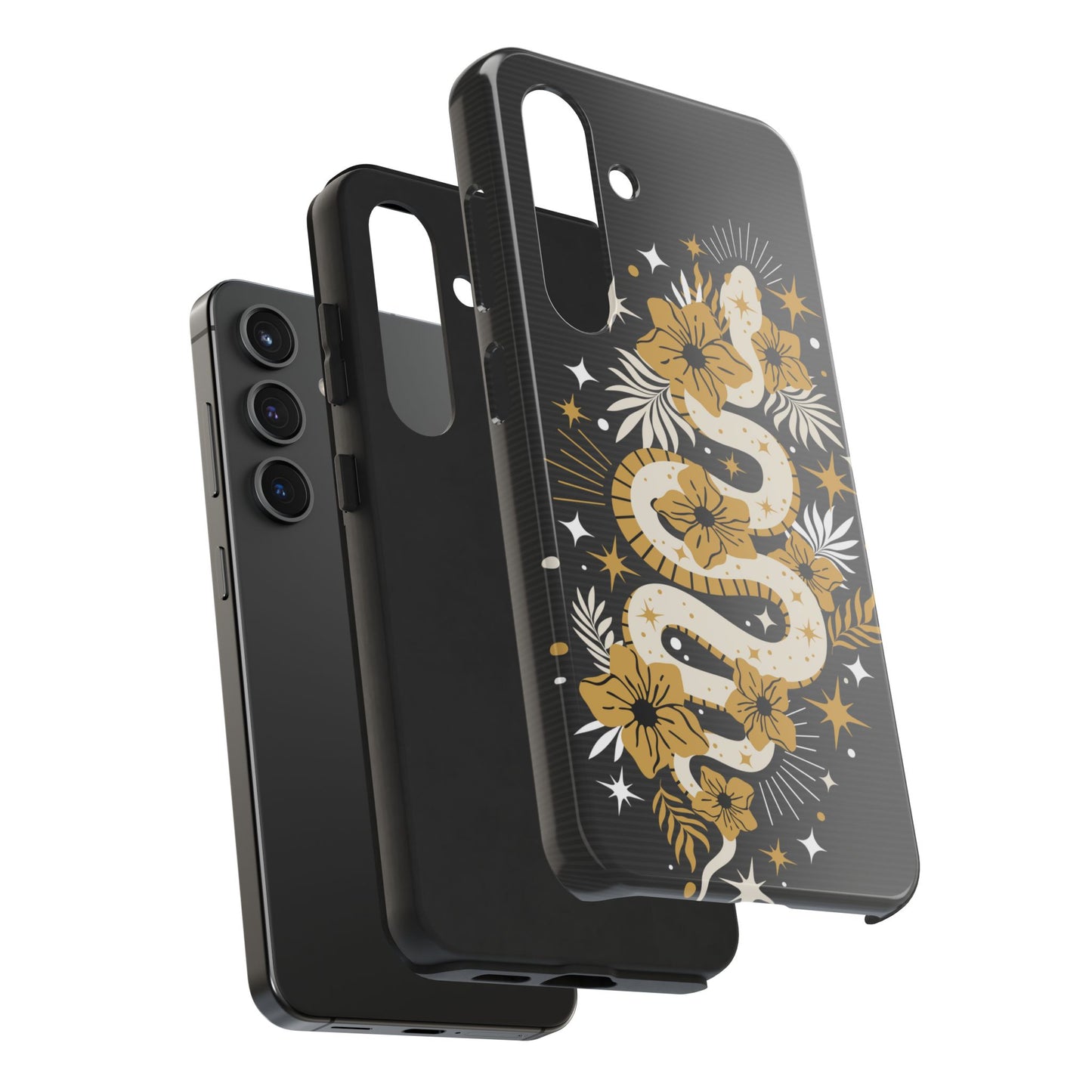 Mystic Snake Cell Phone Case, Black Tough Cases, Protective Floral Golden Serpent Boho Design