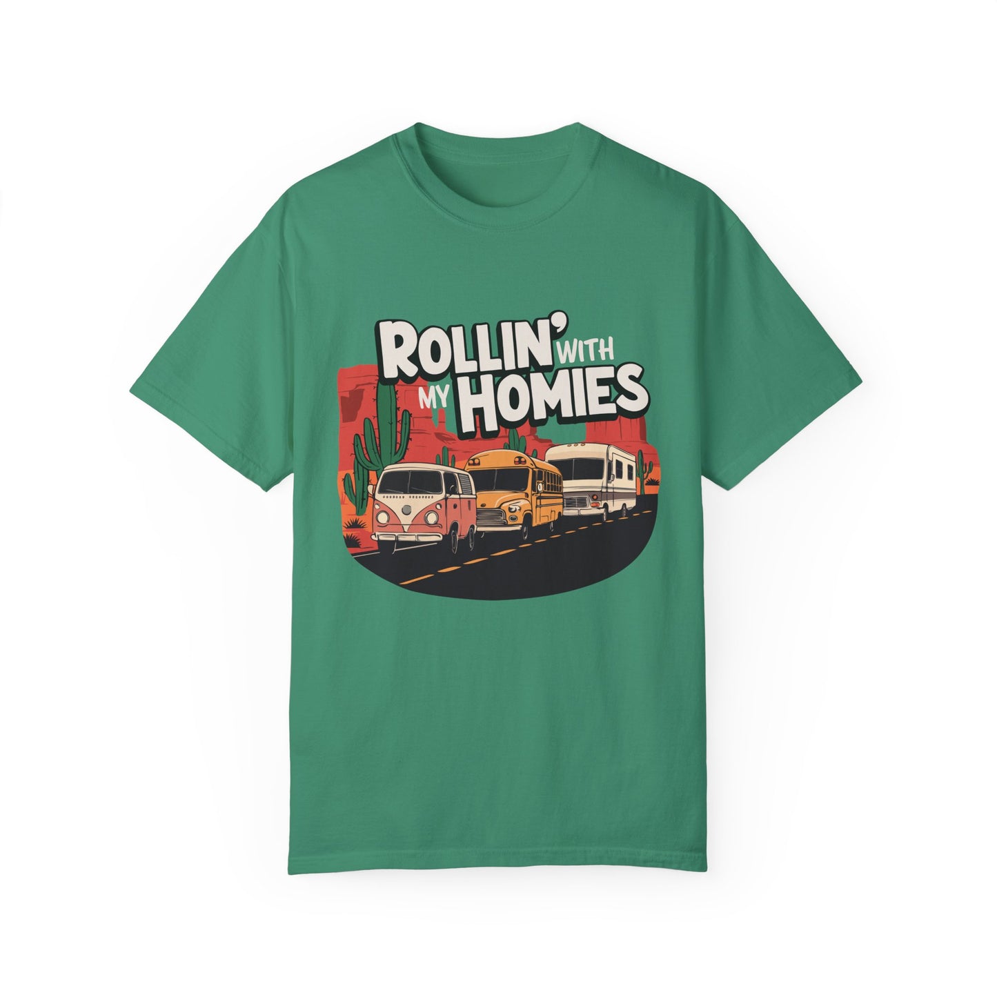 Rollin' With My Homies Van Skoolie RV Vanlife Caravan in the Desert T-shirt Unisex Garment-Dyed Tee