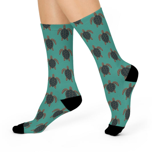 Sea Turtle Pattern Cushioned Crew Socks,  Nautical Teal Marine Animal Socks for Ocean Lovers, Turtles Pattern Novelty Footwear
