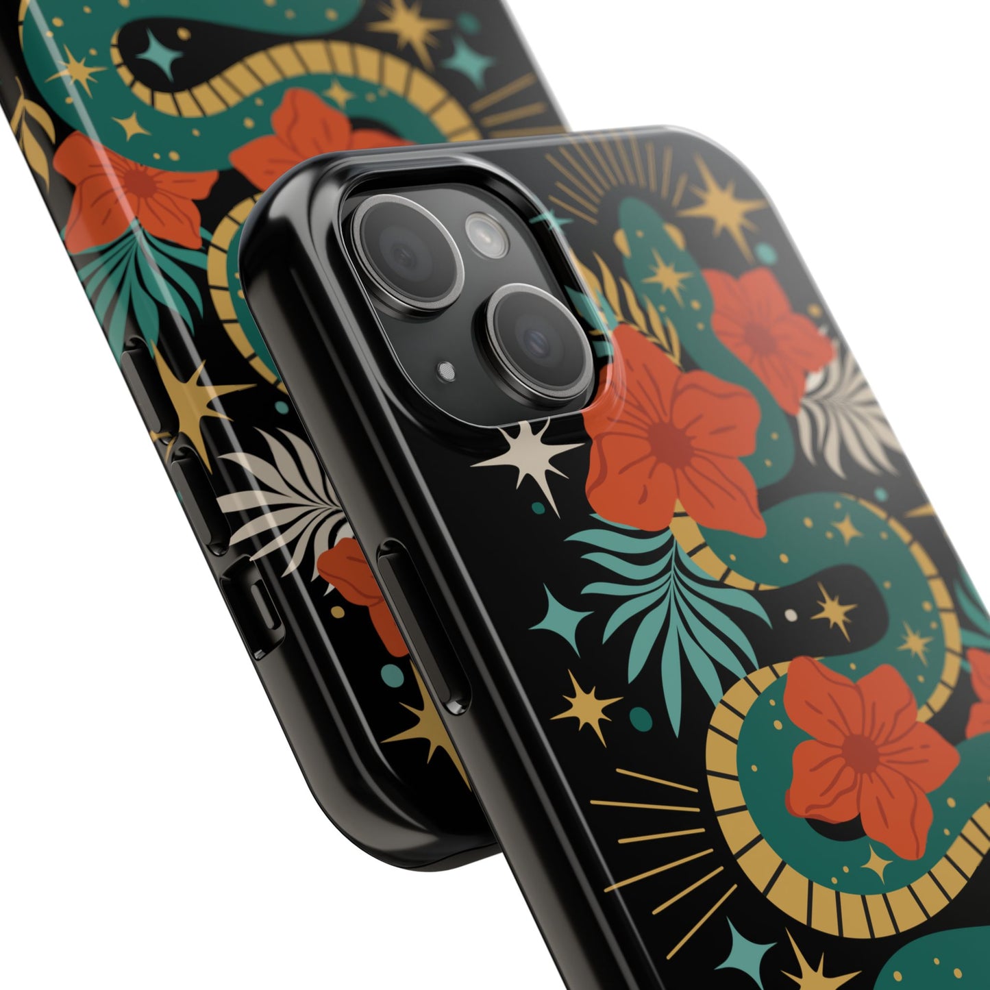 Mystic Snake Cell Phone Case, Black Tough Phone Cases Boho Serpent Snakes Floral Design