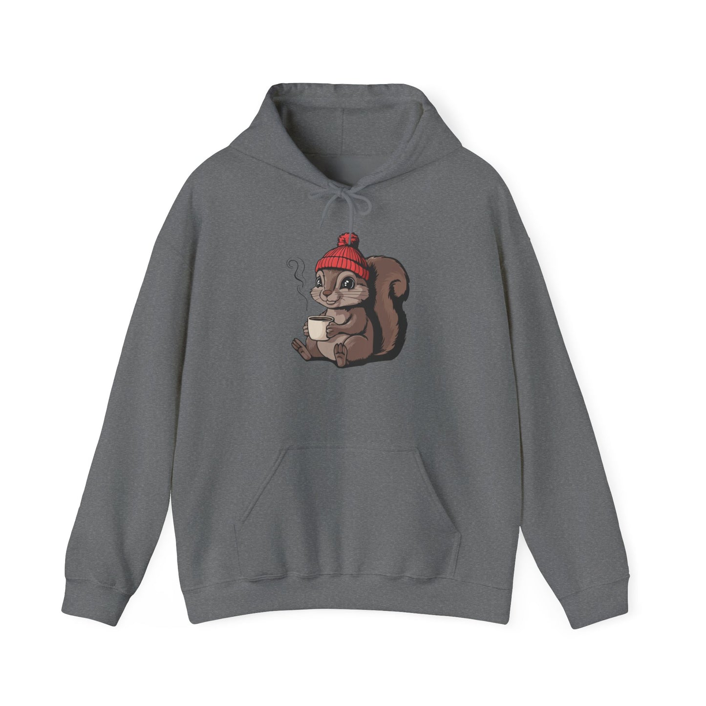 Cozy Squirrel  Pullover Hoodie Unisex Heavy Blend Hooded Sweatshirt with Squirrel in Beanie with Cup Of Coffee Graphic Print