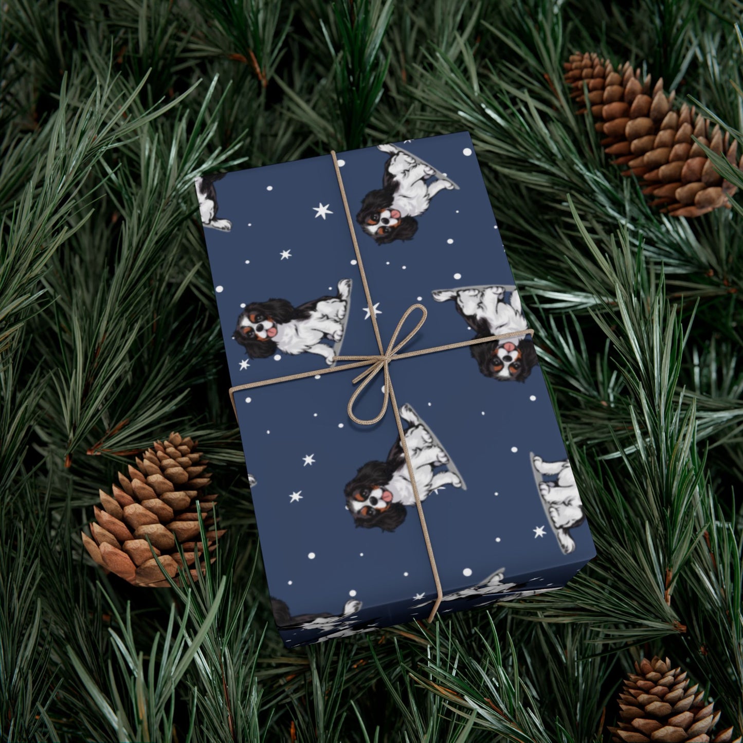 Tricolor Cavalier King Charles Spaniel Dog Wrapping Paper, Puppy Dogs Print, Navy Blue Gift Wrap, Birthday Anniversary Holiday