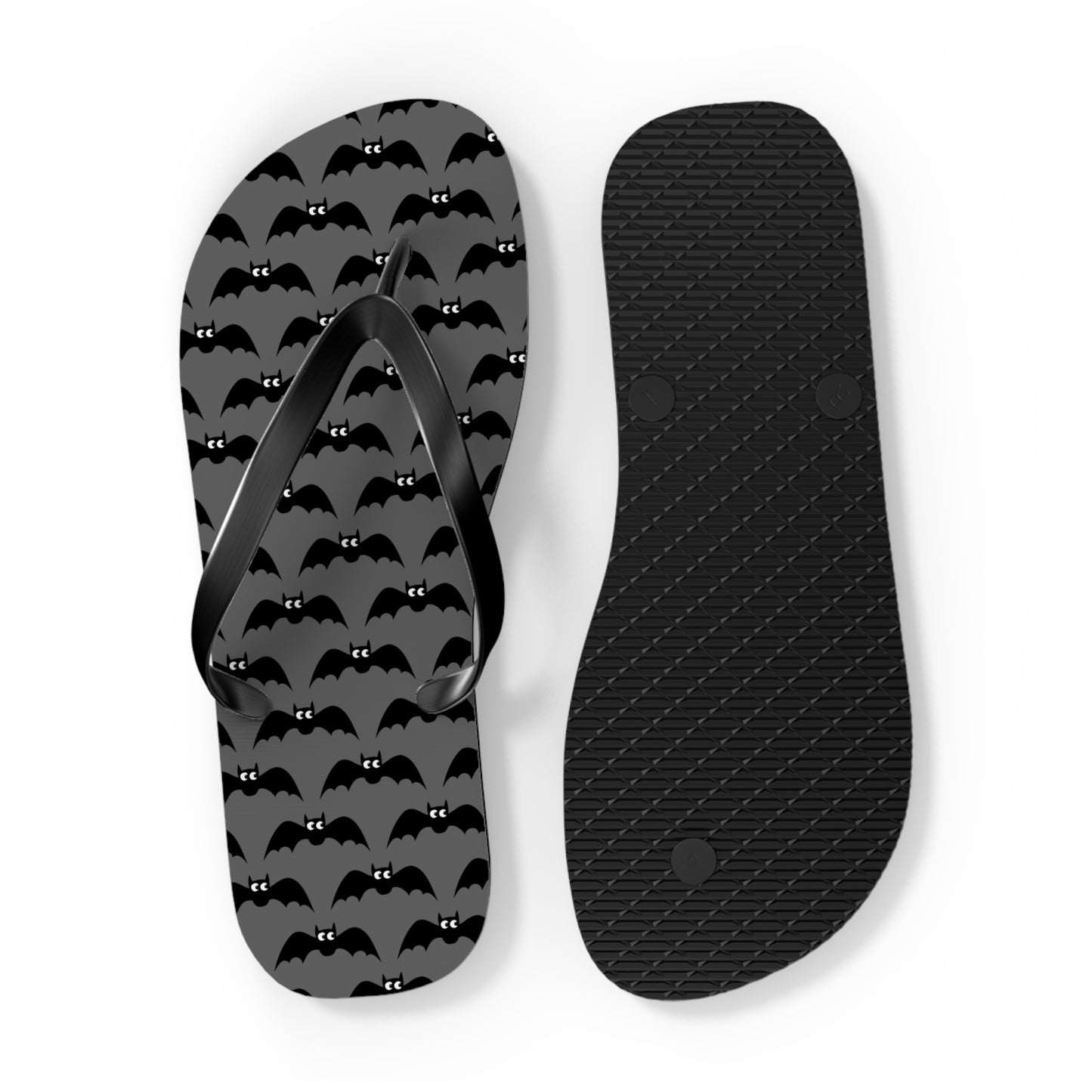 Bat Pattern Flip Flops | Black & Gray Goth Halloween Bats Print Sandals, Gothic Beach Pool Summer Footwear