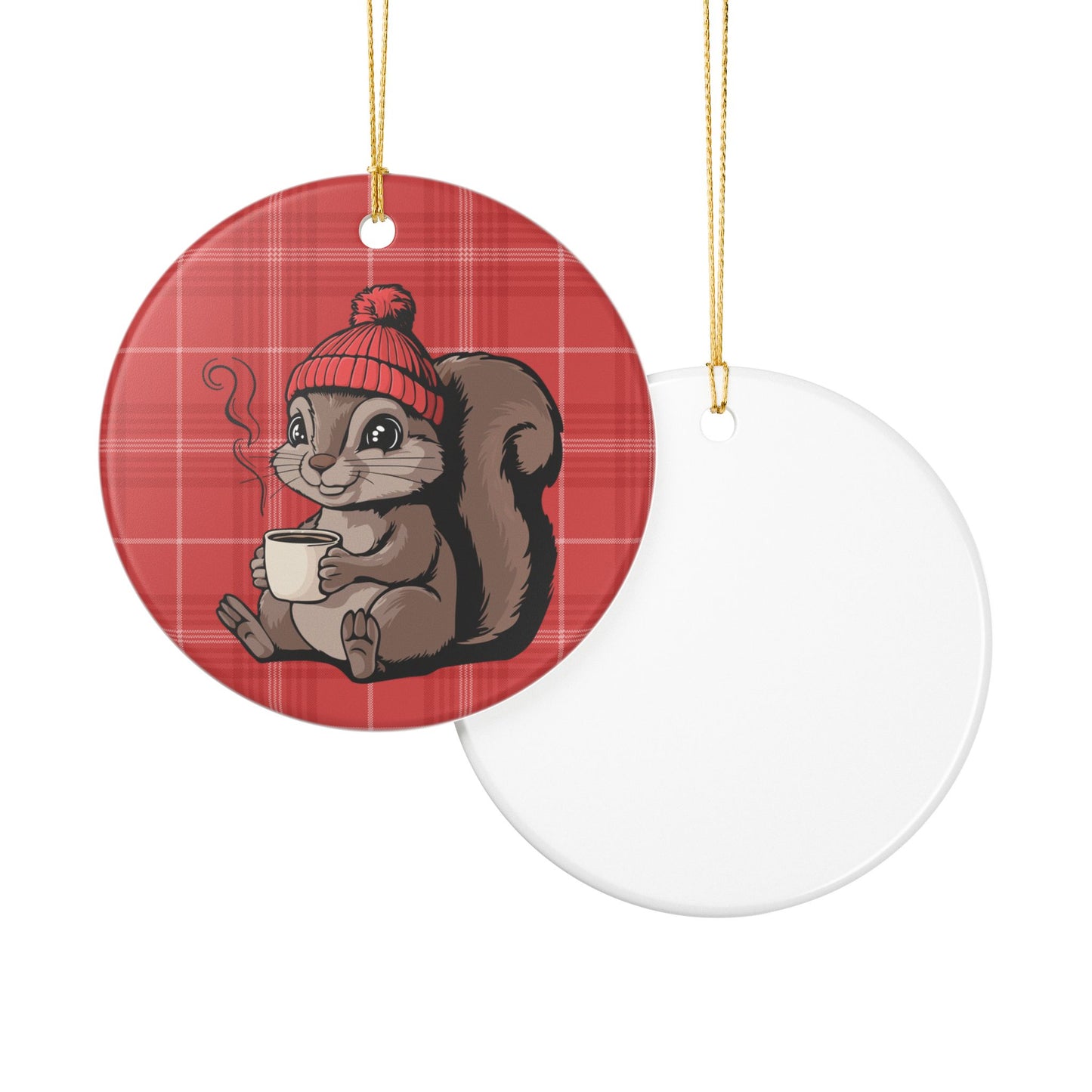Cozy Squirrel Christmas Tree Ornament, Xmas Squirrels Holiday Decorations, Red Plaid Ceramic Ornaments, Woodland Animals Theme Decor