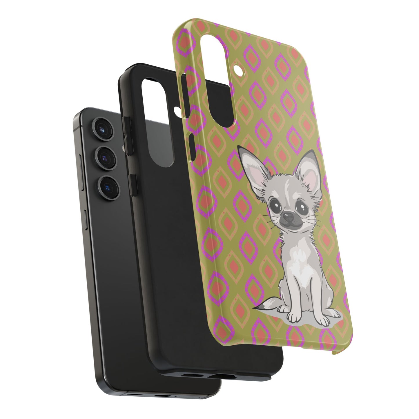 White Chihuahua Puppy Dog Phone Case, Tough Phone Cases Pet Dogs Retro Green  Pattern