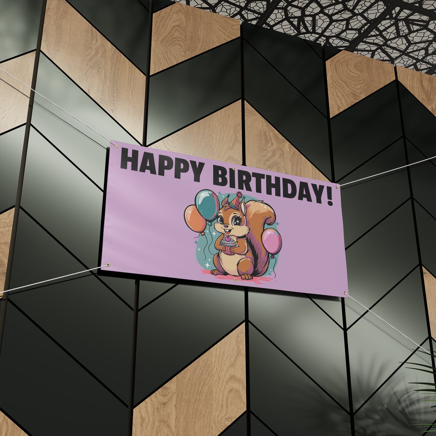 Happy Birthday Party Squirrel Banner Sign Purple Squirrels Balloons Cupcake Celebration Squirrels B-day Banners Decorations