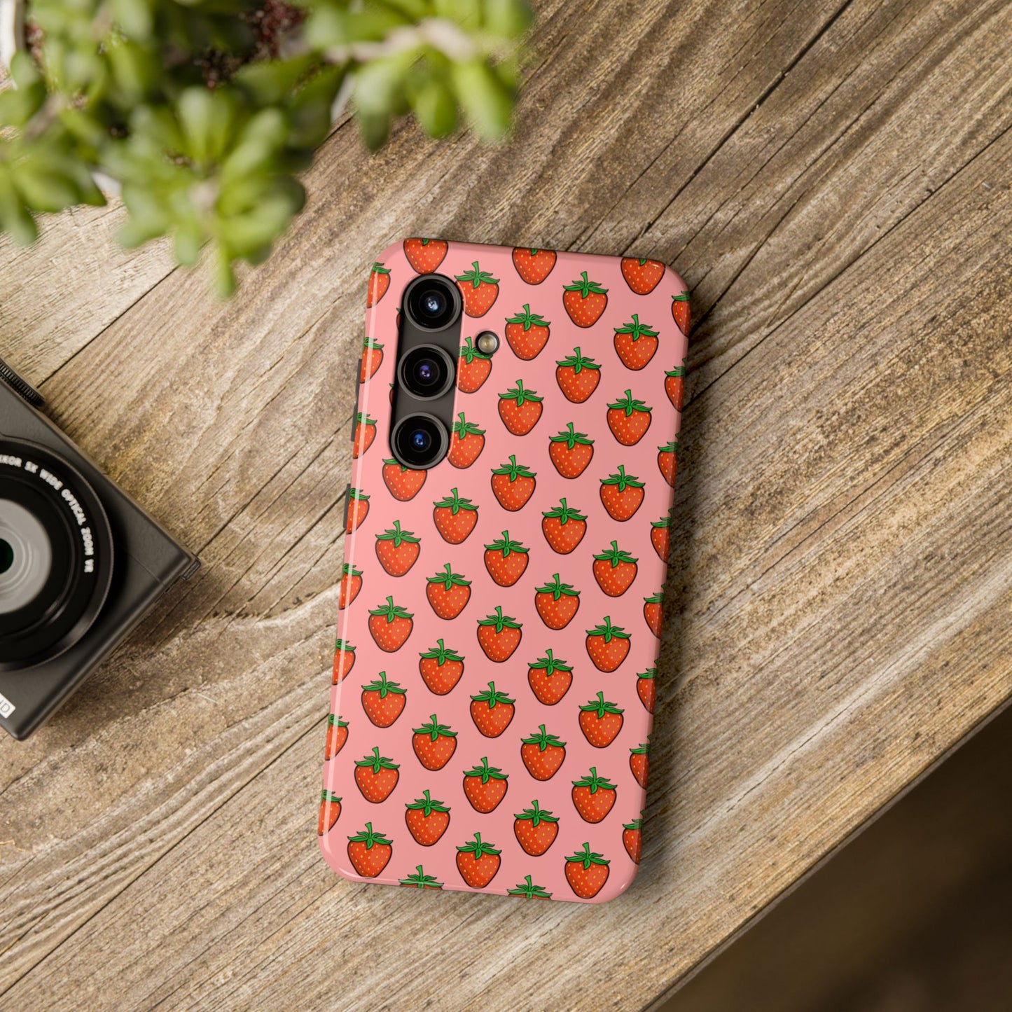Strawberry Pattern Tough Phone Case, Cute Pink Berry Fruit Strawberries Design Cell Phone Cases