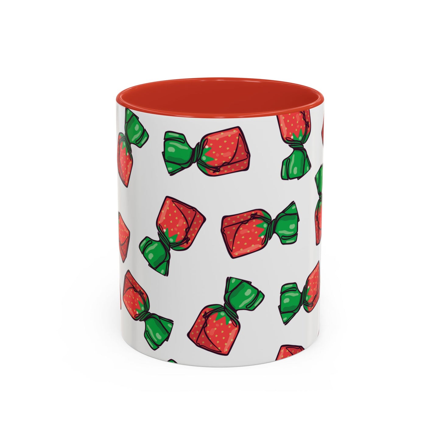 Strawberry Hard Candies Coffee Mug - Retro Nostalgic Pattern Strawberries Candy Print Tea Mugs with Red Accents