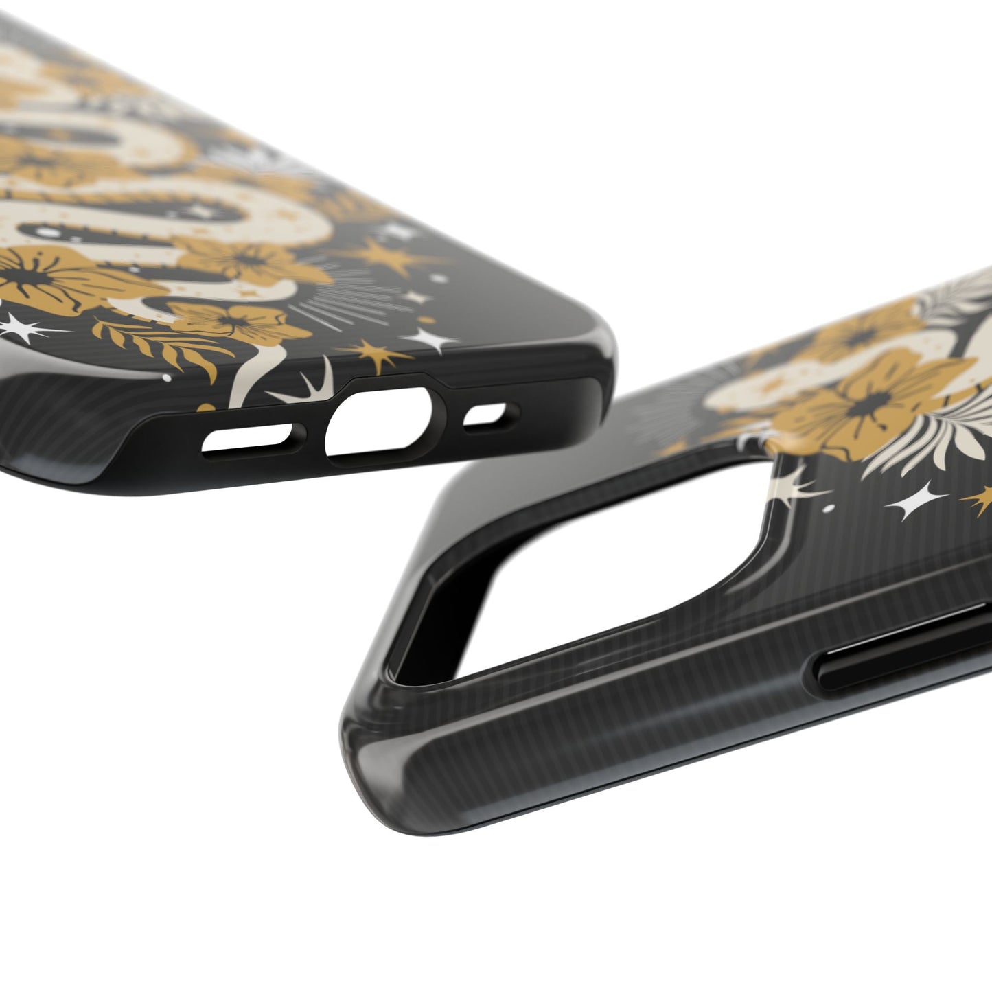 Mystic Snake Cell Phone Case, Black Tough Cases, Protective Floral Golden Serpent Boho Design