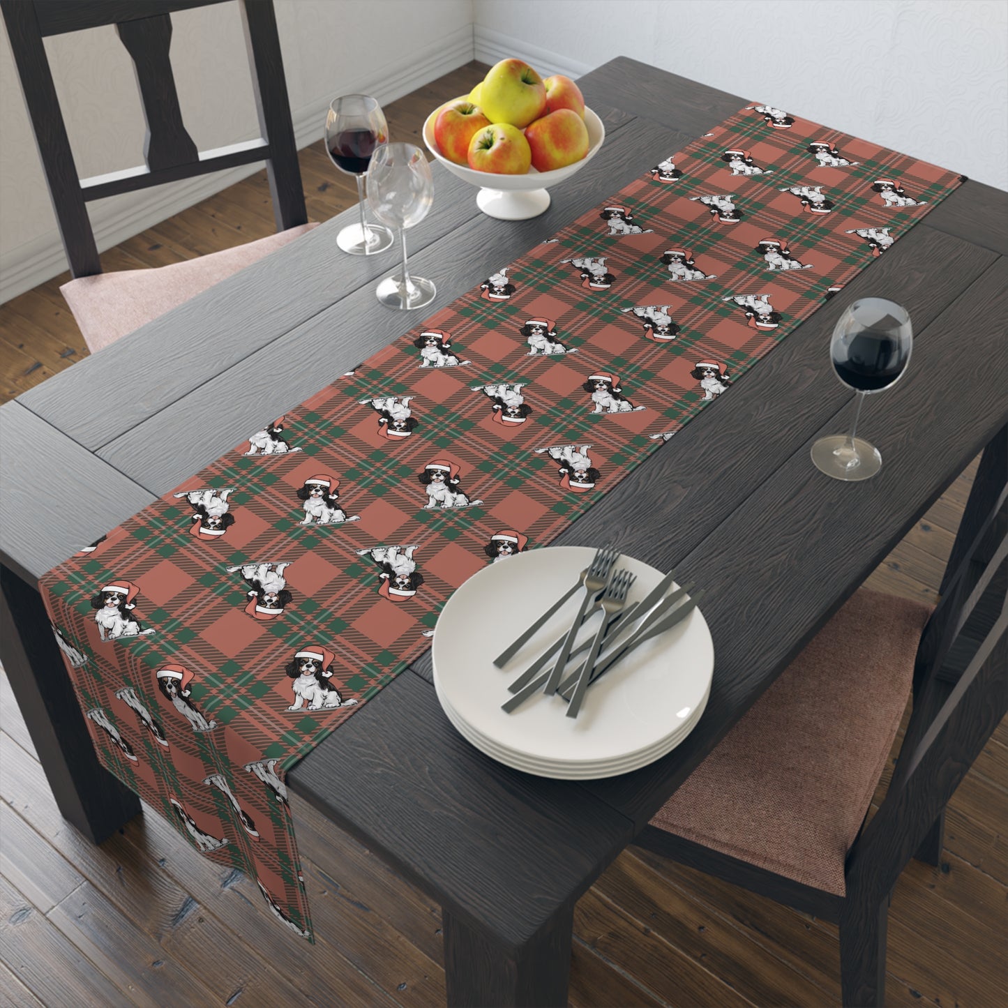 Festive Cavalier King Charles Spaniel Dog Holiday Table Runner, Christmas Home Decor, Dining Tablecloth Linens, Plaid Table Setting Runners