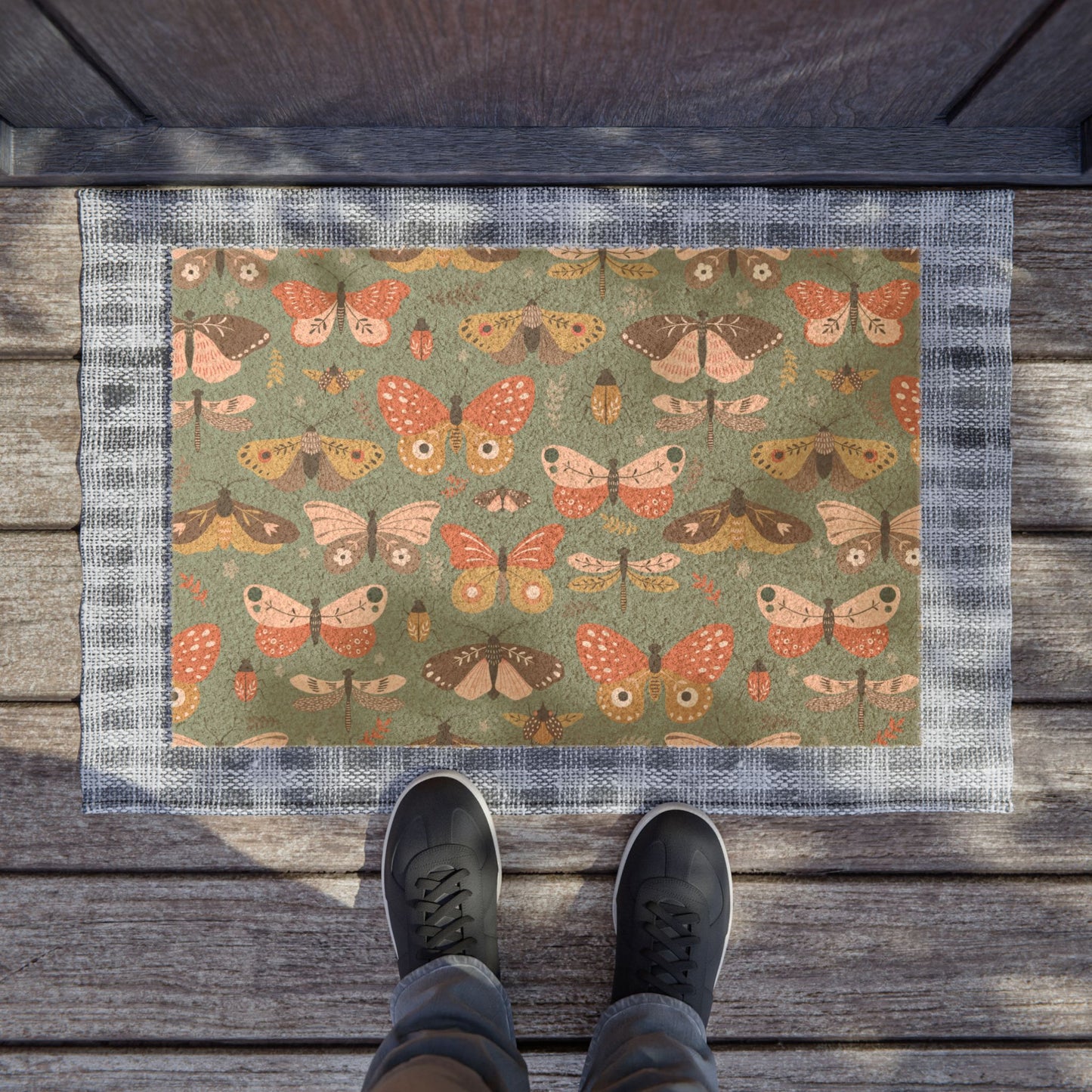 Flutter Frolic Moth, Butterfly, Dragonly Bugs Print Eco-Friendly Coconut Fiber Welcome Entry Doormat with Moths and Insects Print