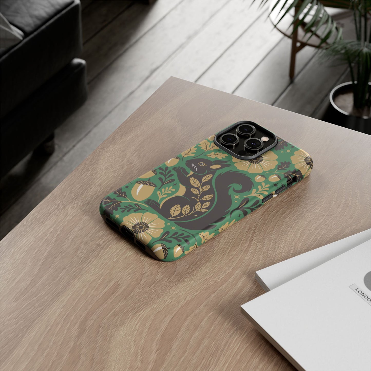 Green Squirrel Floral Pattern Cell Phone Case | Botanical Folk Art Acorn Leaves Design, Iphone Google Pixel Samsung Cases Matte Finish