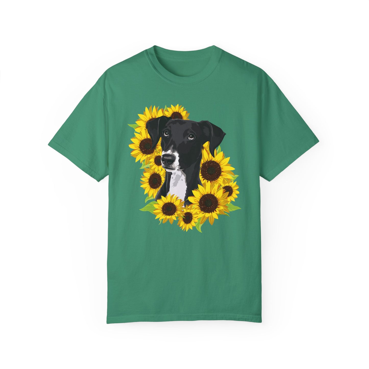 Marley Dog in Sunflowers Garment-Dyed T-shirt with Black Lab and Sunflower Art Print