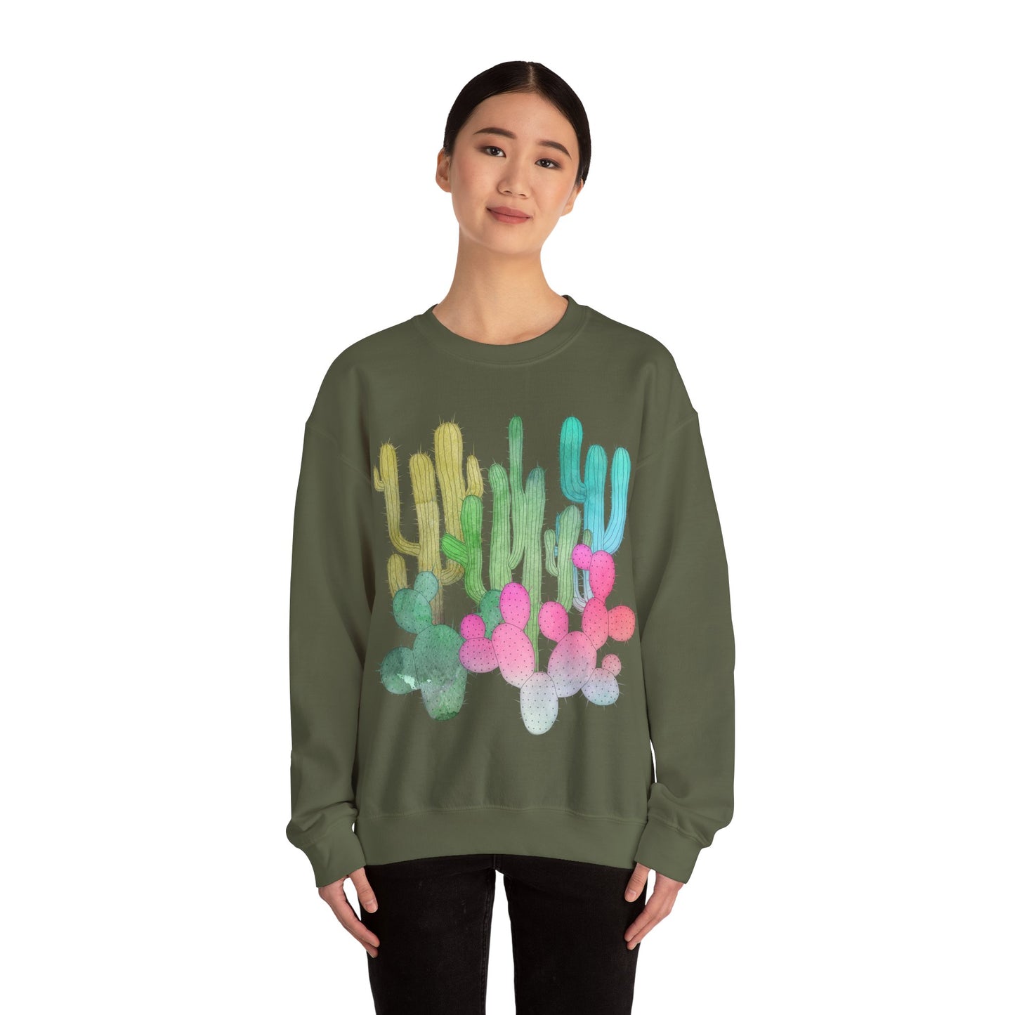 Cactus Garden Arizona Desert Crewneck Pullover Sweatshirt Colorful Saguaro Cactus Print