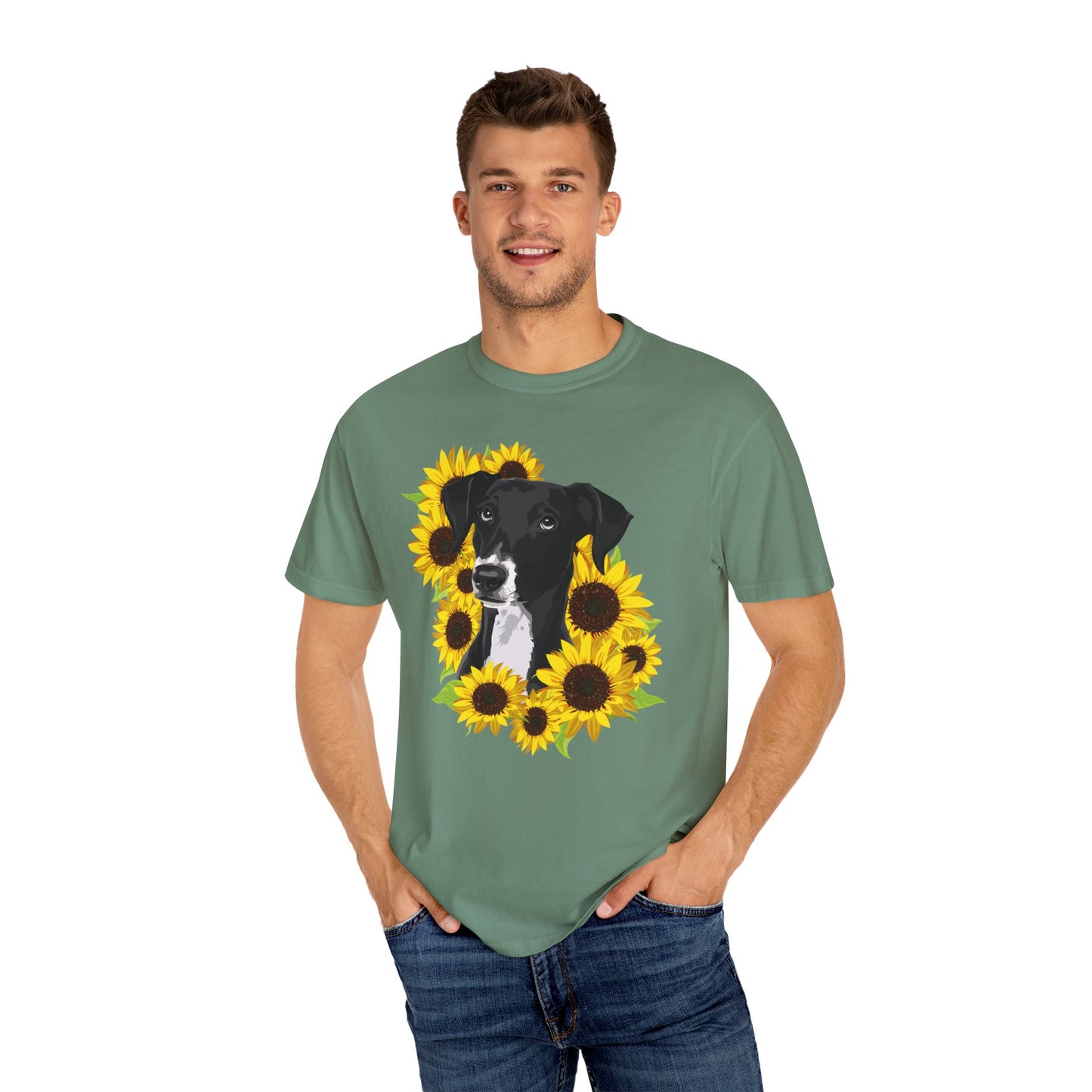 Marley Dog in Sunflowers Garment-Dyed T-shirt with Black Lab and Sunflower Art Print