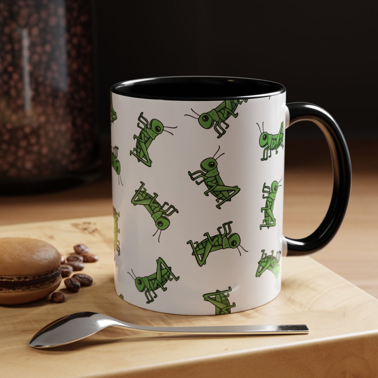 Green Grasshopper Pattern Mug | Grass Hopper Insect Bugs Accent Coffee Mugs, 11 Ounce Garden Nature Ceramic Drinkware