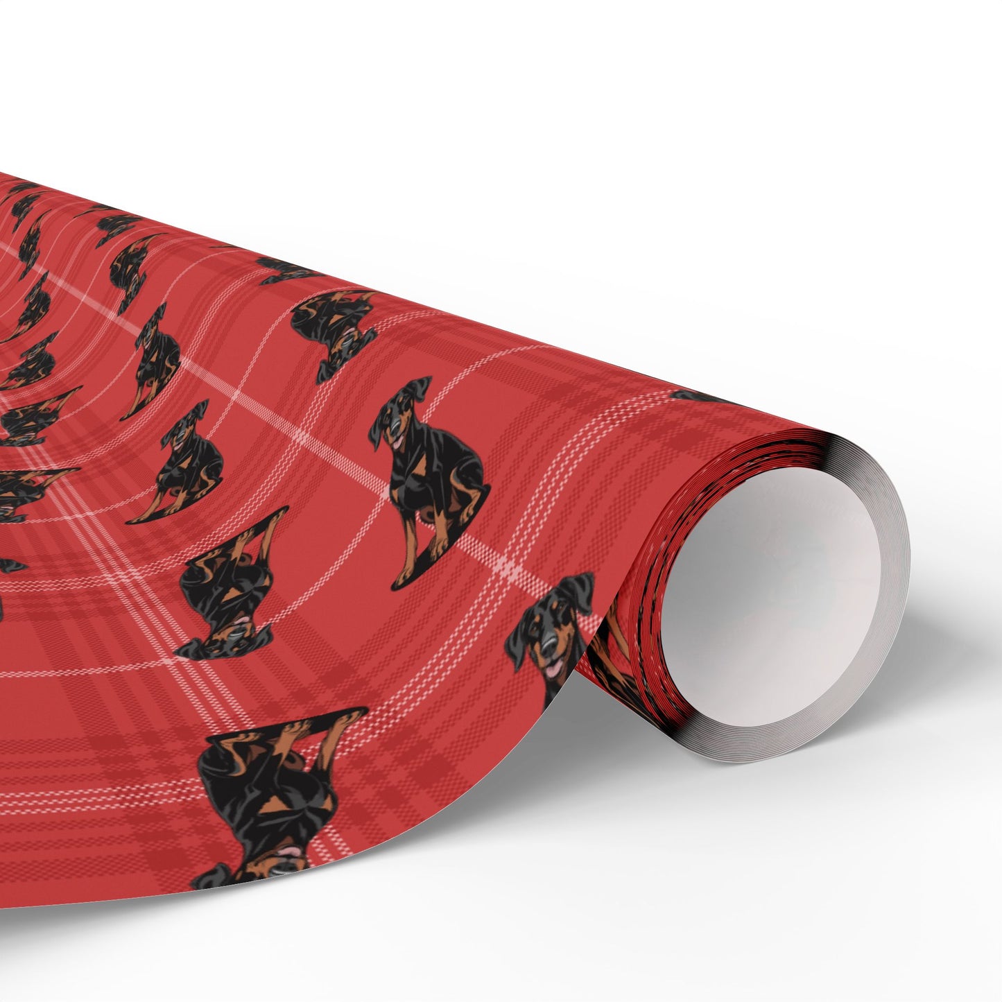 Doberman Pinscher Dog Pattern Wrapping Paper, Red Plaid Holiday Gift Wrap Roll, Birthday Anniversary Xmas Gifts, Matte Finish