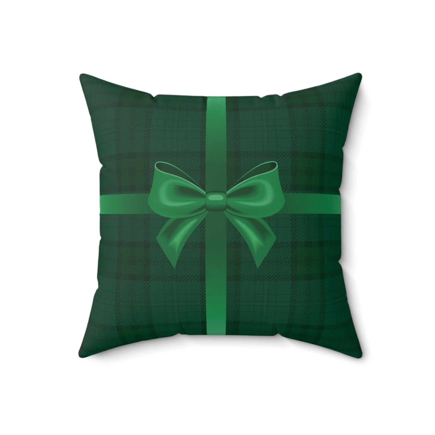 Holiday Gift Throw Pillow, Green Bow on Green Plaid Wrapped Present Pillows, Christmas Home Decor Xmas Decorations, Square Cushion and Cover