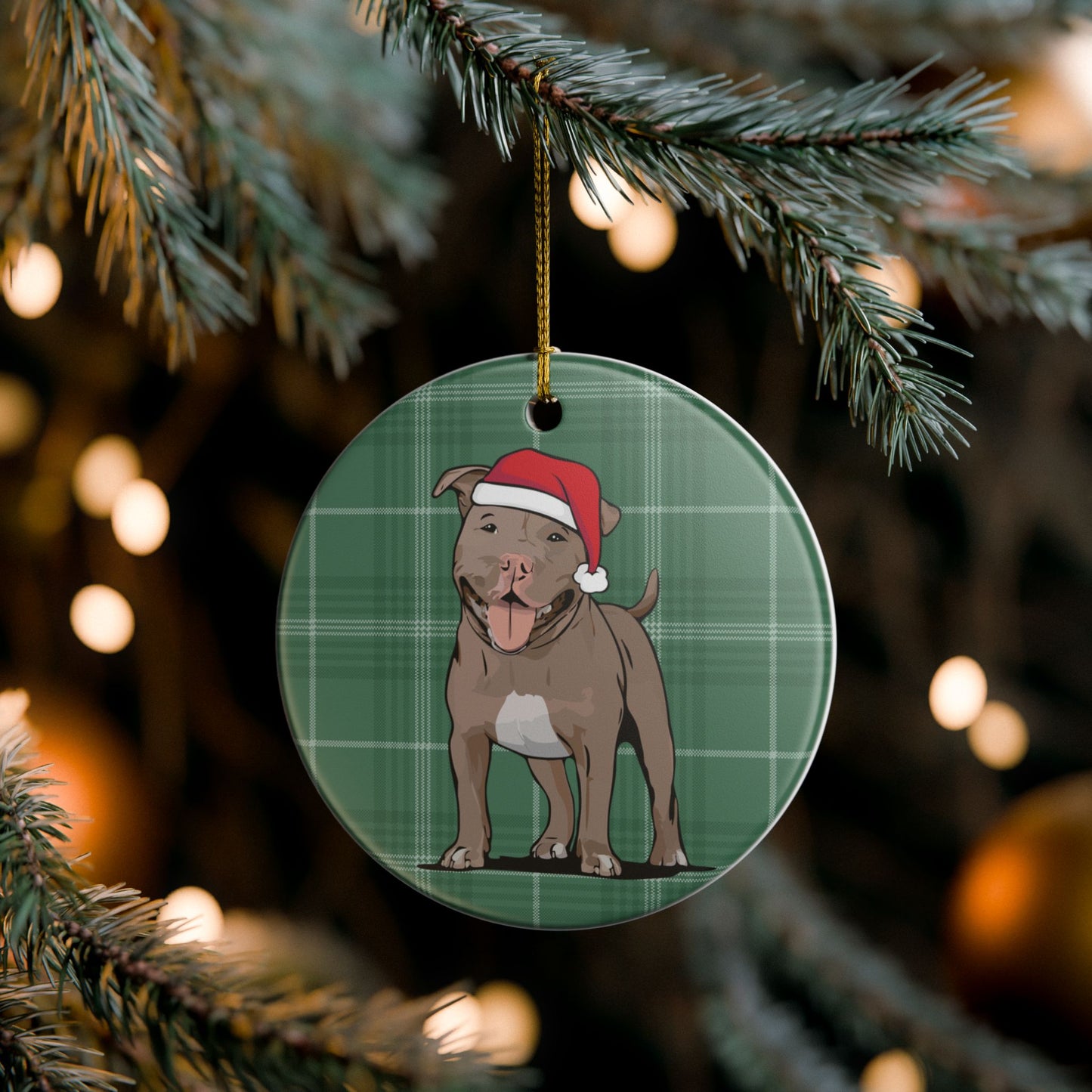 Santa Pit Bull Dog Christmas Tree Ornament, Xmas Pitbull Dogs Holiday Decorations, Pet Lover Gift, Green Plaid Ceramic Ornaments