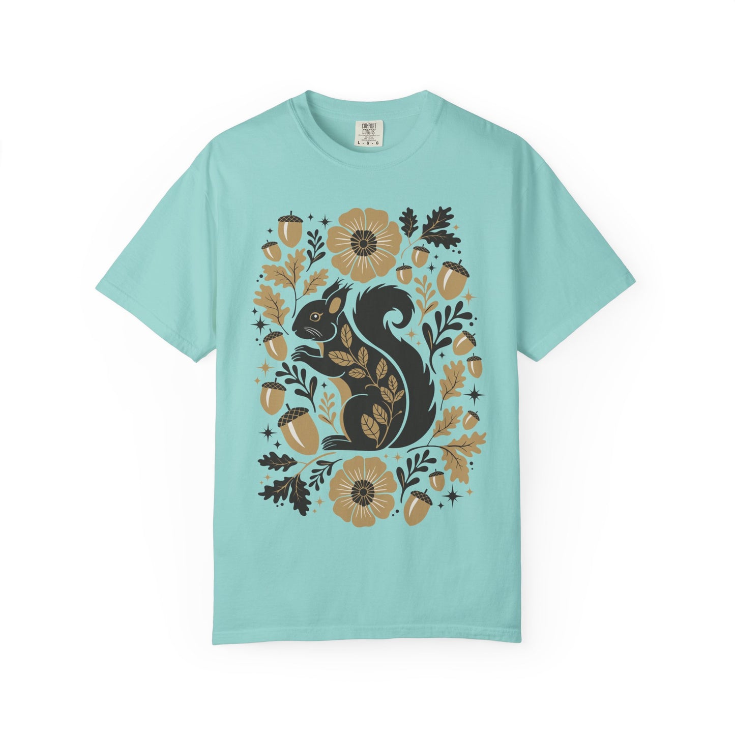 Woodland Squirrel Illustration T-shirt | Floral Acorn Nature Design Squirrels Tee, 100% Cotton Short Sleeve Shirts
