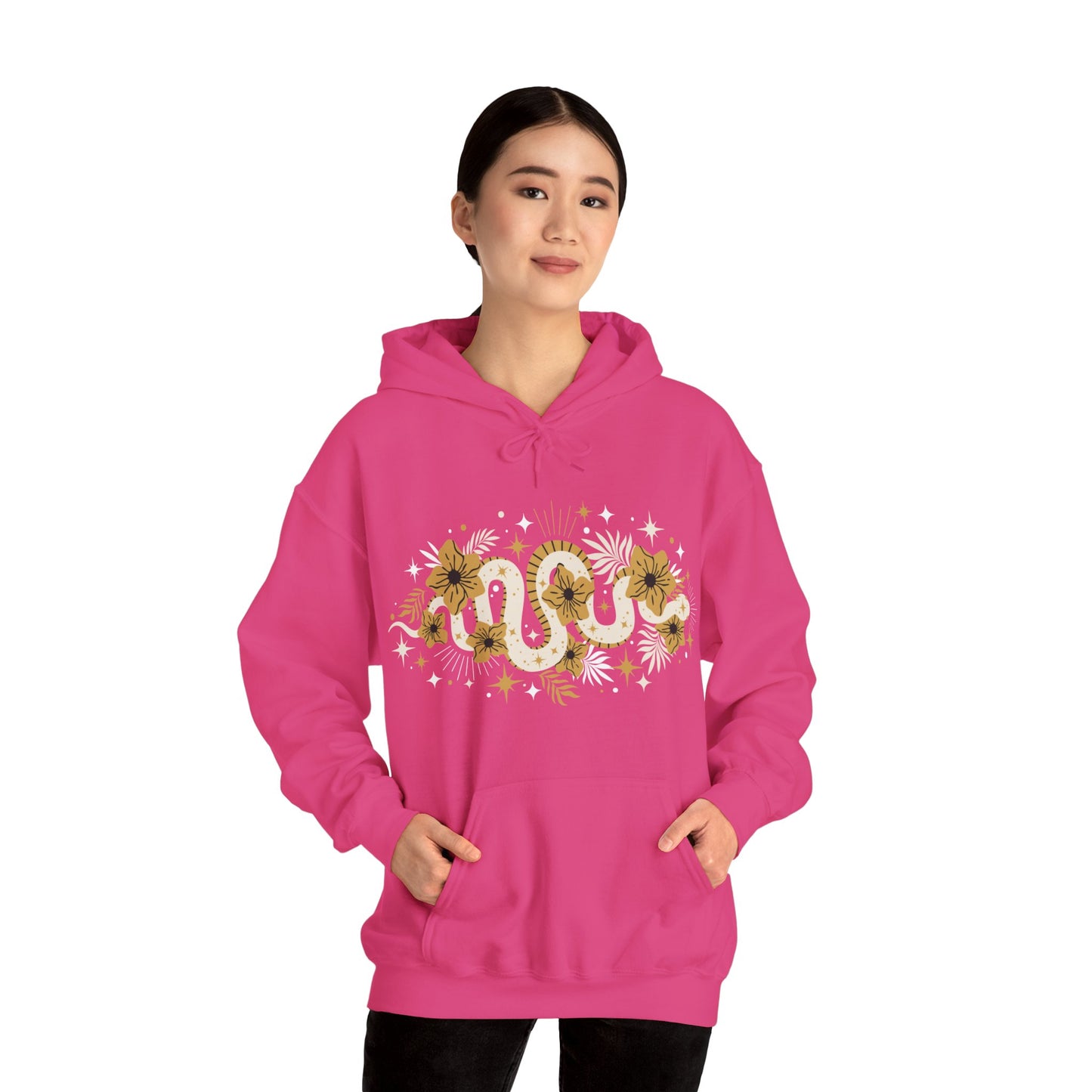 Mystic Gold Snake & Flower Unisex Hoodie, Boho Pullover Hooded Sweatshirt, Bohemian Witchy Snake Print Hoodies