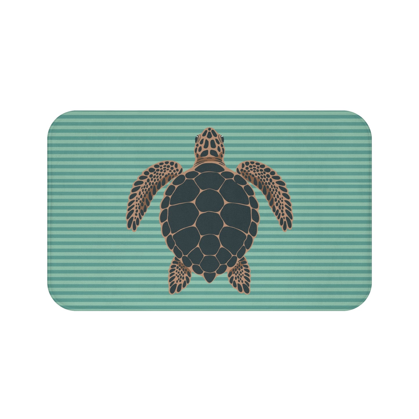 Sea Turtle Illustration Bath Mat | Striped Teal Nautical Bathroom Decor, Turtles Ocean Home Decorations