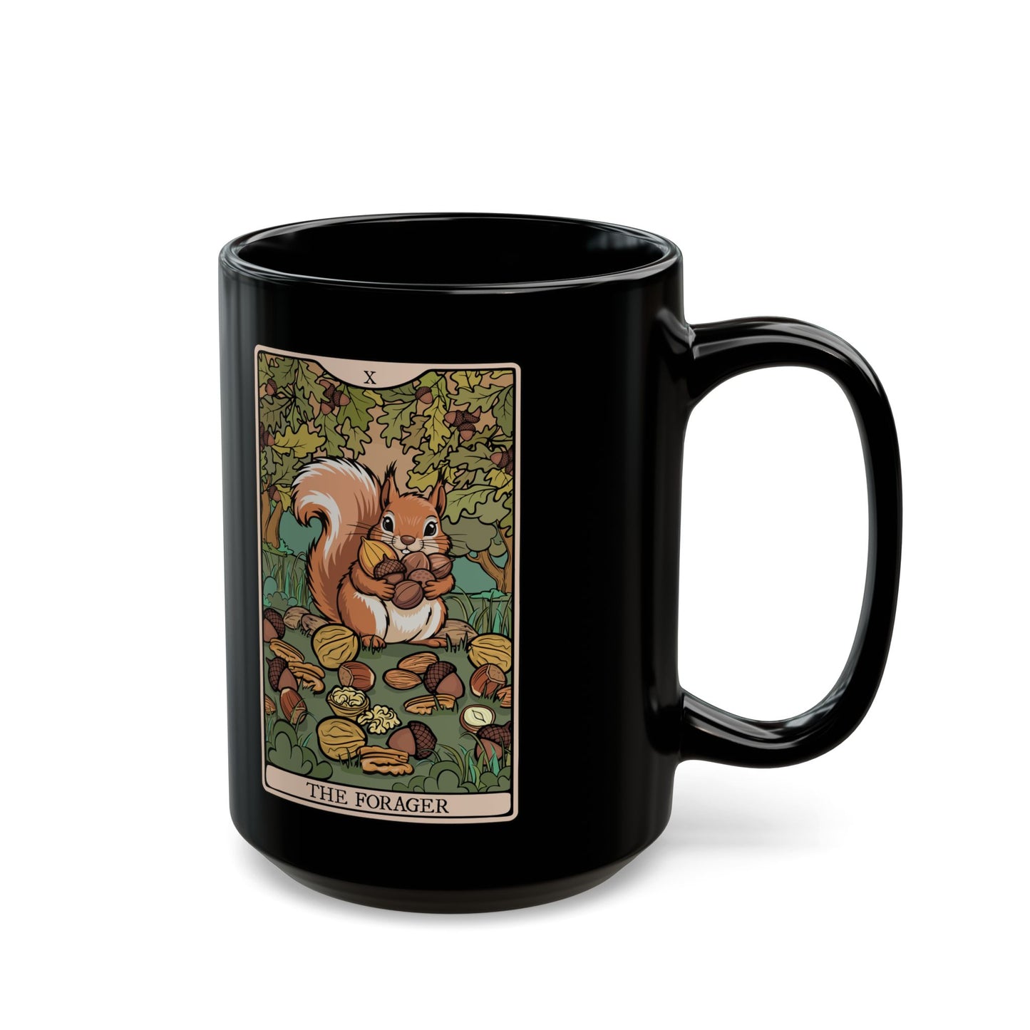 Forager Squirrel Tarot Card Coffee Mug | Black Ceramic Coffee Cup Foraging Squirrels and Nuts Artwork 15 Ounce Mugs
