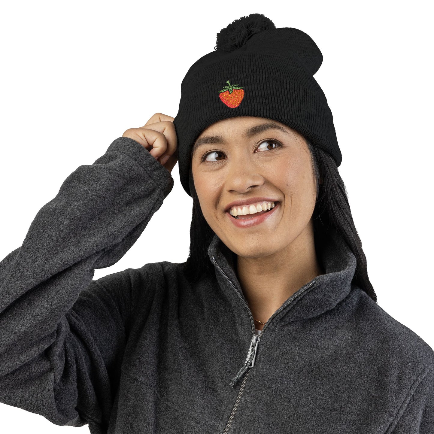 Strawberry Embroidered Pom-Pom Knit Beanie Cap | Berries Winter Cuffed Beanies with Fruit Embroidery