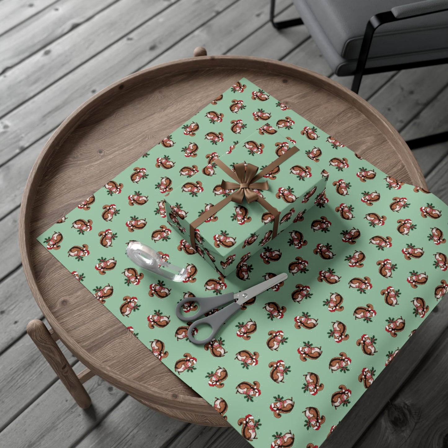 Squirrel Christmas Wrapping Paper, Festive Snowy Santa Squirrels Holiday Print, Sage Green Gift Wrap Xmas