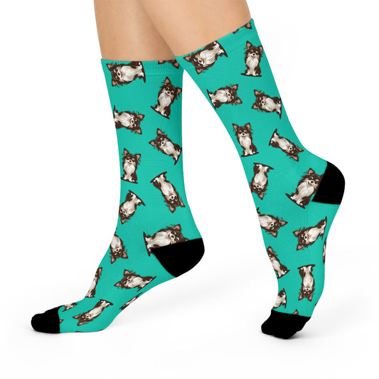 Koda Long Haired Chihuahua Dog Aqua Teal Pattern Cushioned Crew Socks With Cute Doggy Chihuahuas Pet Print